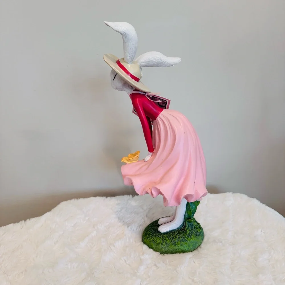 Elegant Girl Bunny Rabbit Figurine In Pink Flowing Dress 13.5” Tall Summer NWT
